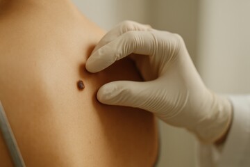 Doctor wearing glove checking patient skin mole for preventive health care using medicine and technology to collect information and fill form for medical record