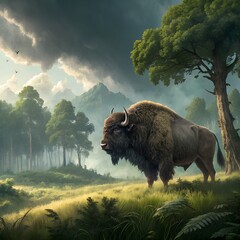 A giant bison standing in a jungle meadow, dramatic clouds, beautiful background