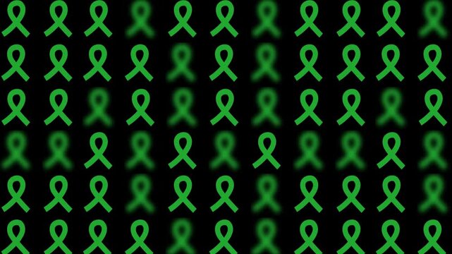 seamless pattern with kelly green bile duct cancer awareness month glossy satin ribbon sign symbol geometric motif background, animated ribbon bow random blurred popup video motion graphics black bg