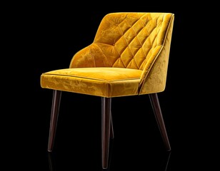 Fototapeta premium A luxurious upholstered chair, featuring a vibrant gold velvet fabric with diamond-quilted back and seat. The wooden legs are a dark brown