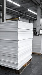 A large stack of white paper, neatly arranged on a wooden pallet inside of an industrial looking factory setting