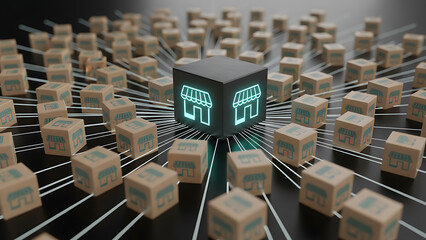 Connected retail network cube on dark grid background with glowing node and wooden store blocks conveying digital commerce and logistics efficiency, digital Business Network & Logistics