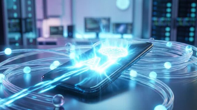 Futuristic Smartphone with AI Brain Logo and Digital Data Streams