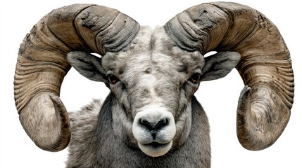 Bighorn sheep with prominent curled horns looks directly at the viewer. The animal shows details of its fur and facial features. The background is plain and white.