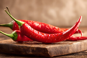 Fresh red chili peppers with water droplets on wooden board