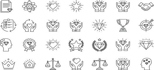 Business core values and quality excellence line icons set including diamonds, hands, trophies, stars, and integrity symbols.