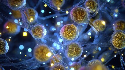 Neural network and brain cells interconnected with glowing nodes microscopic 3D render
