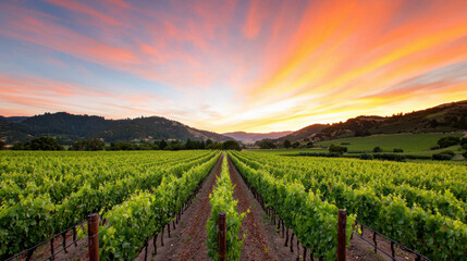 Fototapeta premium picturesque vineyard stretches under a colorful sunset, showcasing rows of lush grapevines against a backdrop of rolling hills.