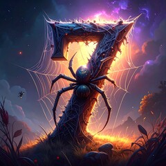 A large stylized number seven covered in spiderwebs and a giant spider, set against a dramatic, colorful sky