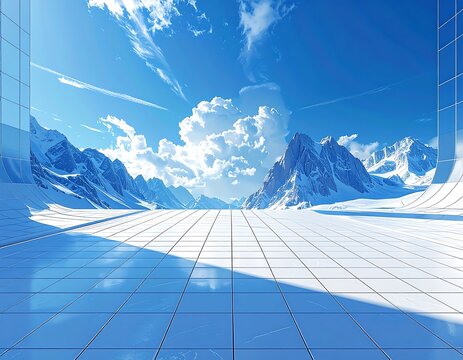 Modern, geometric floor overlooking snowy mountain range under a bright sky