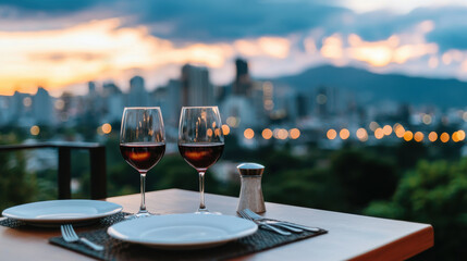 romantic dining setup with two glasses of red wine, plates, and a stunning city skyline at sunset in the background.