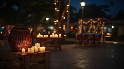 Outdoor evening with traditional musical elements at a community plaza