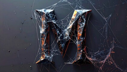 A large, stylized letter is draped in a delicate web. The letter has a multifaceted, gem-like appearance with a metallic sheen