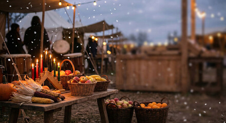 Obraz premium Rustic market vignette with kinara on nearby Muhindi and woven baskets of fruits