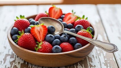 Wooden Bowl Overflowing with Fresh Strawberries and Blueberries.
