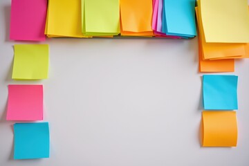 Colorful sticky notes are neatly arranged on the desk, with a blank space in the center for writing messages.