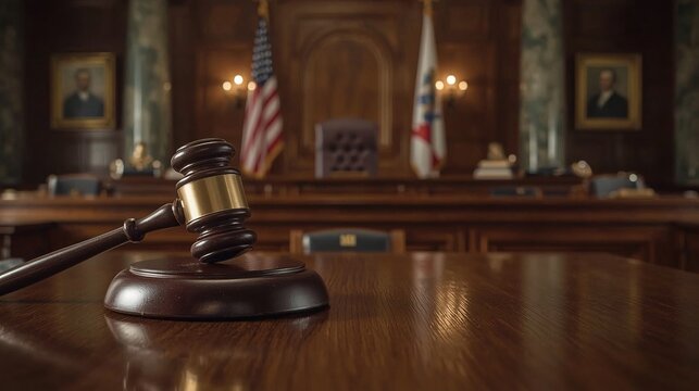 A judge&rsquo;s gavel resting on wooden desk inside courthouse interior