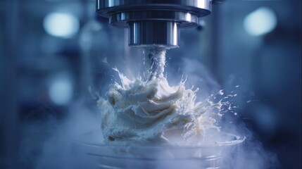 Industrial high-speed mixer processing creamy white substance with vapor effect in laboratory setting