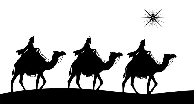 Silhouette Three Kings on Camels with Bethlehem Star &ndash; Nativity Epiphany Desert Scene Vector