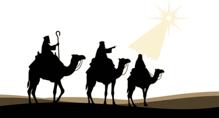 Silhouette Three Kings on Camels with Bethlehem Star &ndash; Nativity Epiphany Desert Scene Vector