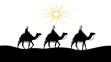 Silhouette Three Kings on Camels with Bethlehem Star &ndash; Nativity Epiphany Desert Scene Vector