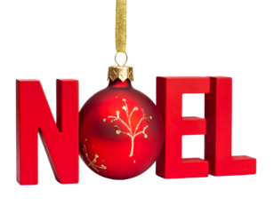 Red Christmas ornament hangs amidst bold red "NOEL" letters