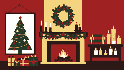 Festive colored vector art with candles books fireplace logs framed christmas tree gifts garland wreath and holiday ornaments in minimalist silhouette style