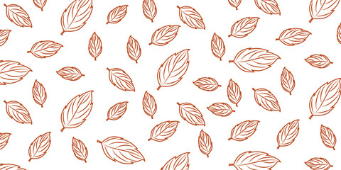Seamless Leaf Pattern with Reddish-Brown Outlines on White Background