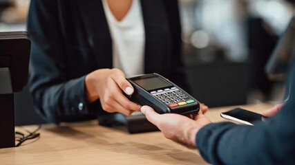 Close up of a wireless NFC transaction using a smartphone on a sleek payment reader - Powered by Adobe