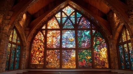 Fototapeta premium The chapel features a large stained glass window displaying vibrant scenes of nature flowers and butterflies. Light from the setting sun creates a colorful atmosphere inside.