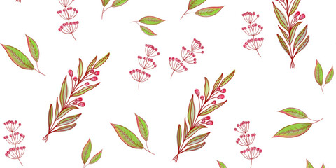 Seamless Floral Pattern with Pink Watercolor Flowers and Green-Brown Leaves on White Background