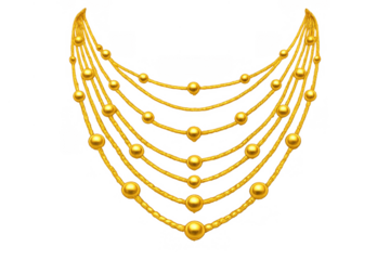 Layering gold necklace with multiple chains and shiny beads, illustrating luxury, fashion, and glamour, transparent background