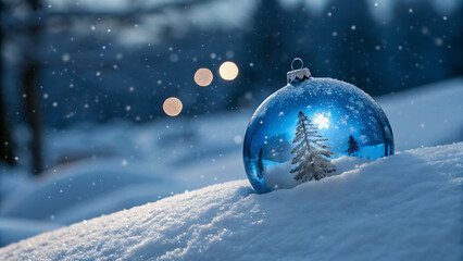 Closeup of a reflective blue christmas ornament resting on a snowy mound outdoors during a gentle snowfall with soft bokeh lights in the background