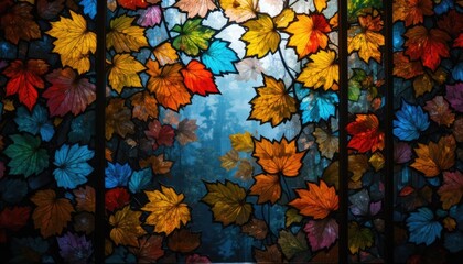An abstract of colorful leaves against a stained glass window backdrop.