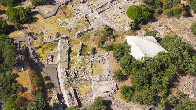 Tevfikiye, Turkey. Imposing defensive walls, towers and the Scaean Gate of the ancient city of Troy, Canakkale. Aerial view, MasterShots, Circle (Close)