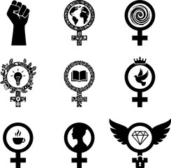 Empowering Women's Rights Vector Icon Collection: Nine Unique Designs Featuring Venus Symbols Modified with Global Themes, Education, Protest, and Strength in Monochrome Silhouette. © MD FARID