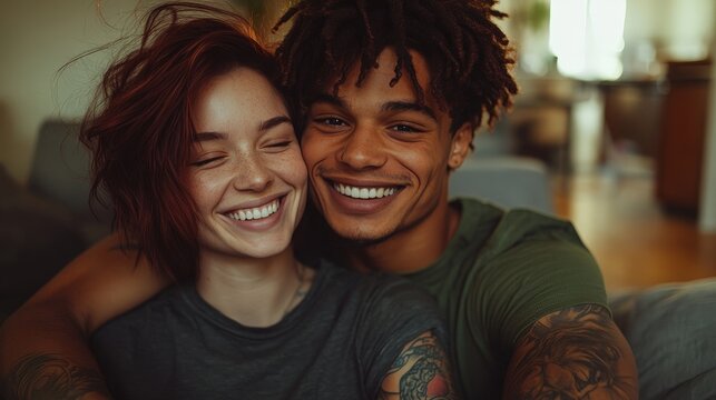 the smiling woman is holding a man ' s shoulder.