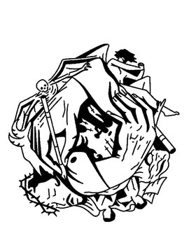 Dark surrealist line art of mortality, pain and existential dread