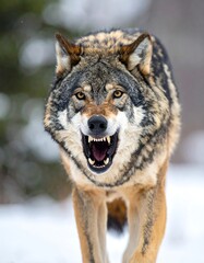 Obraz premium A close-up portrait of a grey wolf showing aggressive behaviour. Its mouth is open, baring teeth. The animal is in a snowy forest