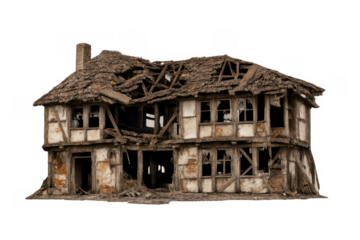 Dilapidated abandoned timber frame house building on transparent background showing decay and ruin
