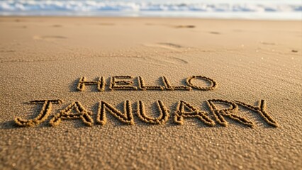 Hello January Written in Sand on a Beach with Ocean Waves in Background.