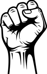 Rised fist hand gesture monochrome drawn emblem. Vector hand clenched into fist and rising up, symbol isolated on white background. Power sign. Human hand up in the air