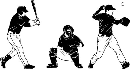 Set of baseball players vector silhouettes. Group of baseballer, isolated ink drawings 3 people