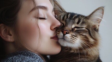 Woman is kissing her cat with one eye open.