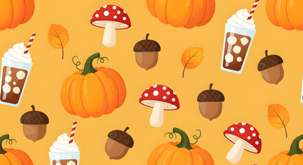Autumn Harvest Cartoon Seamless Pattern with Pumpkins Acorns and Drinks