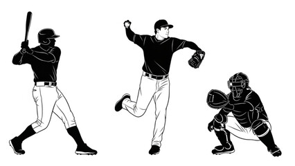 Set of baseball players vector silhouettes. Group of baseballer, isolated ink drawings 3 people