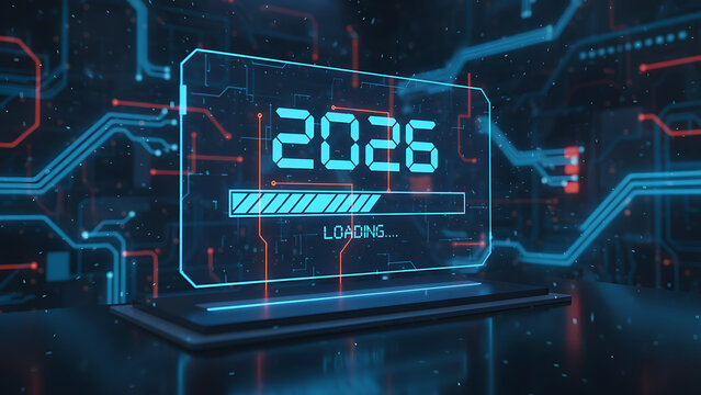 New 2026 year progress bar on digital lcd display with reflection. Concept of new year, annual plan, growth strategy, business planning, investment trends and strategy road map, Business & Future Tech