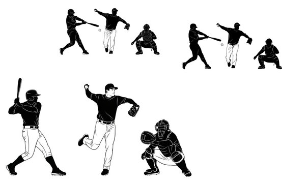 Set of baseball players vector silhouettes. Group of baseballer, isolated ink drawings 3 people