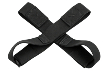 Crossed black elastic fabric straps with stitched reinforcements on a transparent background