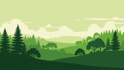Vector panoramic landscape with green silhouettes of trees and hills